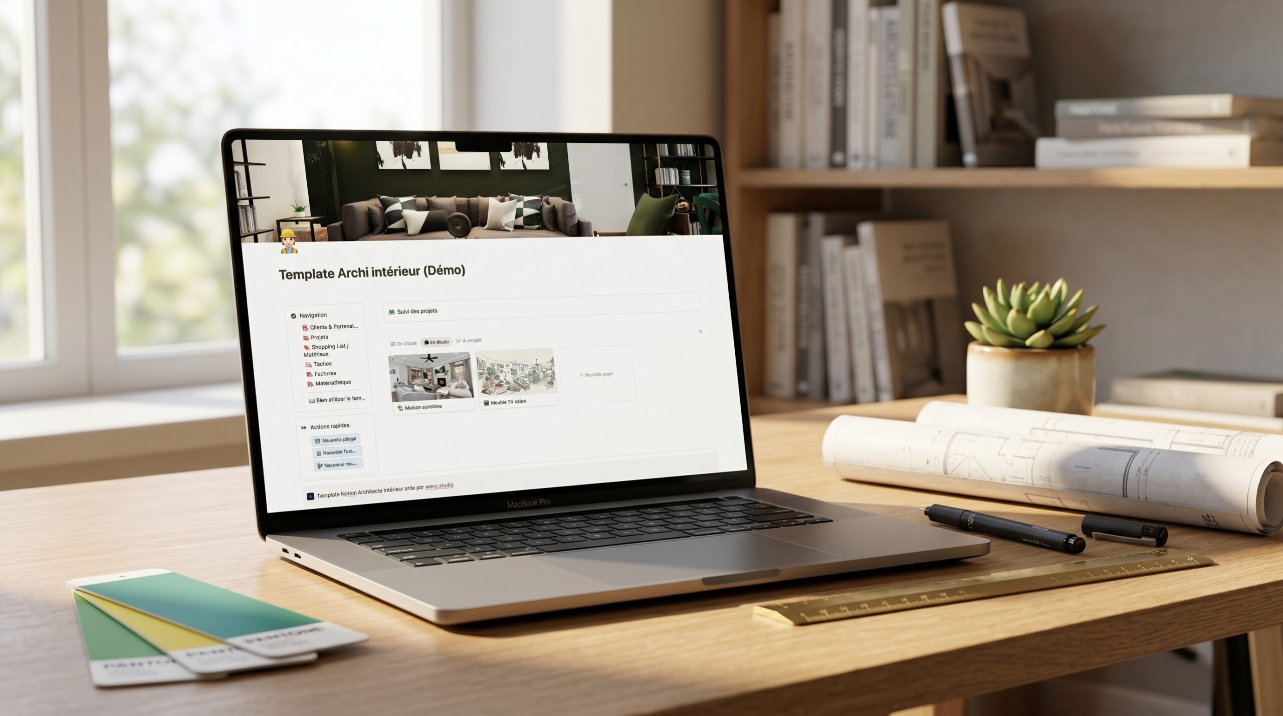 ordinateur avec page du template archi intérieur ouvert dans un environnement de travail minimaliste