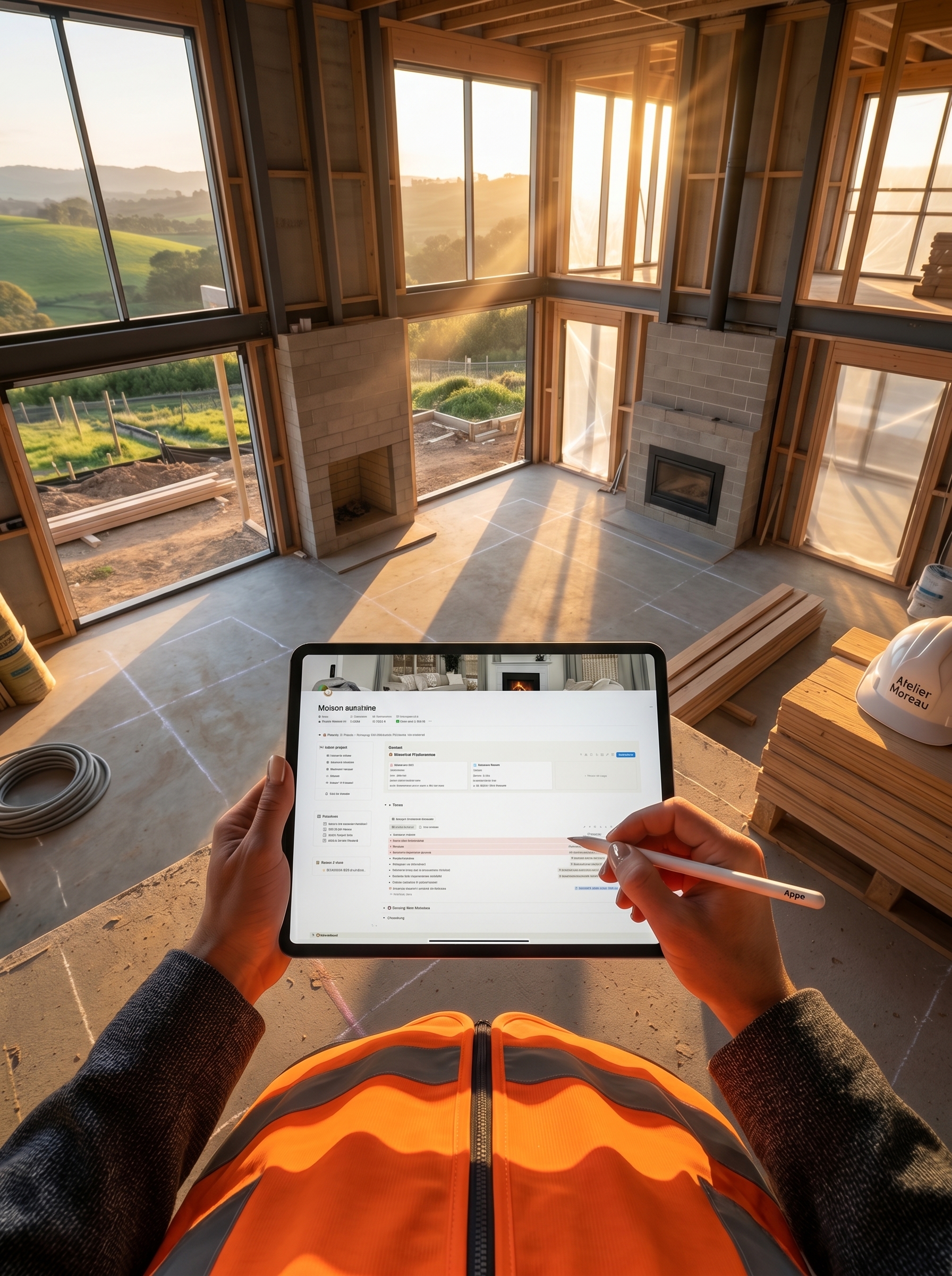 femme avec un ipad sur un chantier qui prend des notes